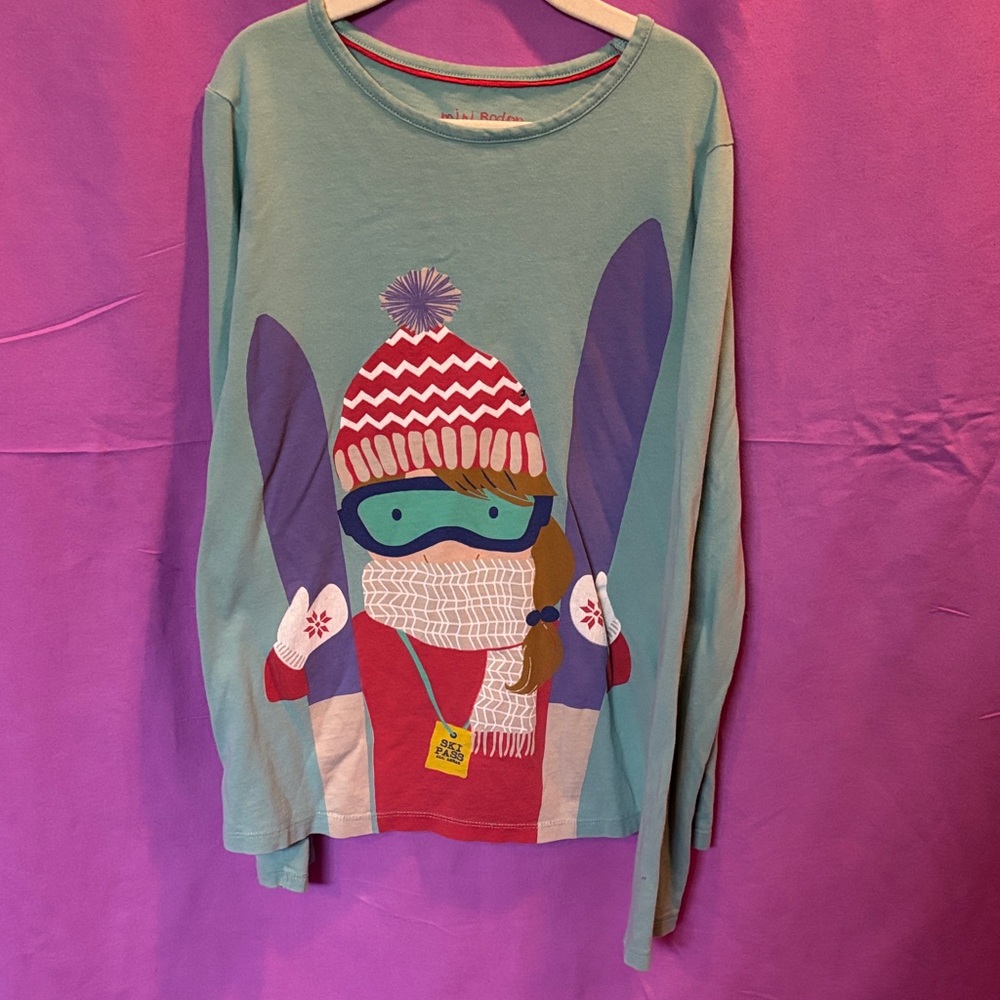 Mini Boden Teal and Purple Ski Graphic Long Sleeve Tee